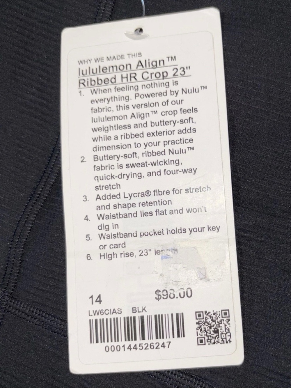 NWT*LULULEMON*SIZE 14*ALIGN RIBBED HIGH RISE 23” L PANT*AUTHENTIC*BLACK*$98 - Picture 5 of 16